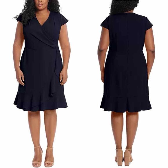 London Times Plus Size Pleated Flounce Surplice Dress Navy Size US 14W - Picture 7 of 10